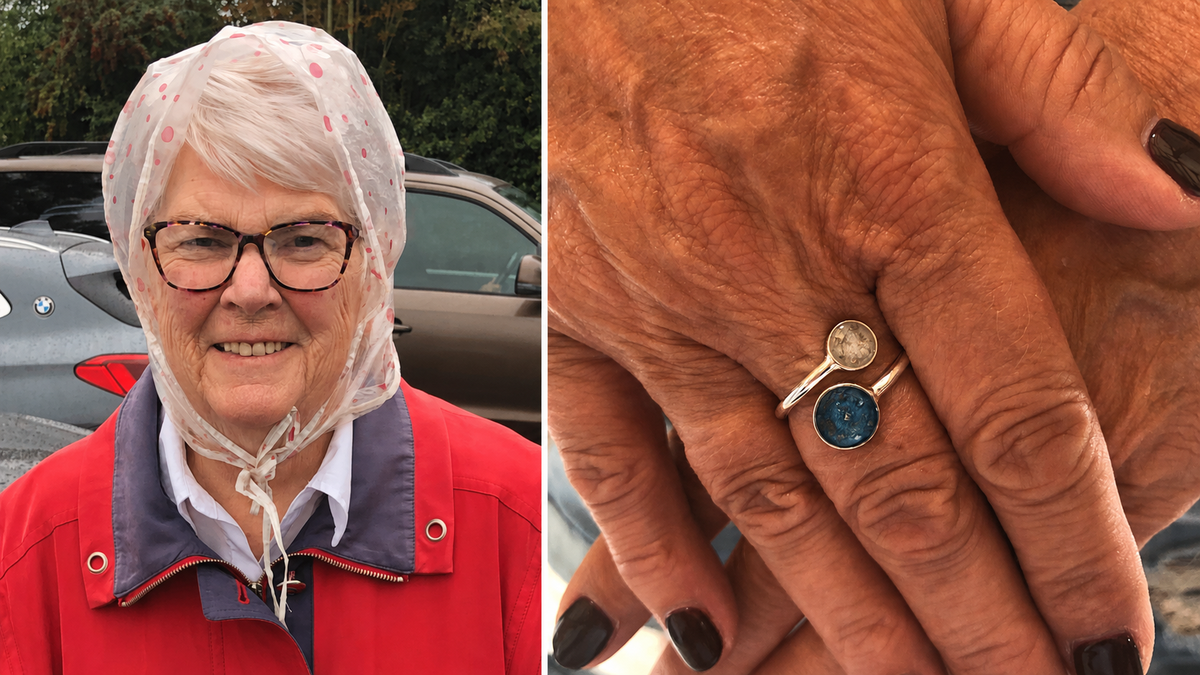 Lorraine's mum beside the blue and clear Double Ashes Ring made with her ashes