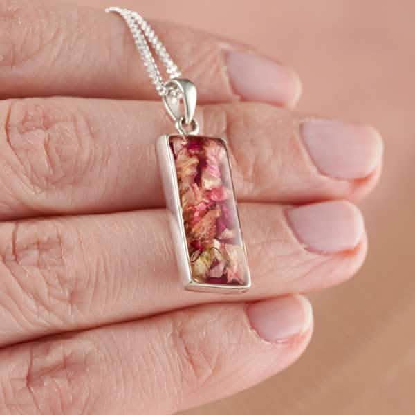 Flower Rectangle Silver Necklace | Dried Flower Jewellery | Featherlings UK