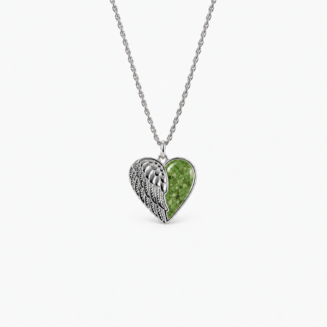 Angel Wing Heart Ashes Necklace — Apple Green, visible ashes