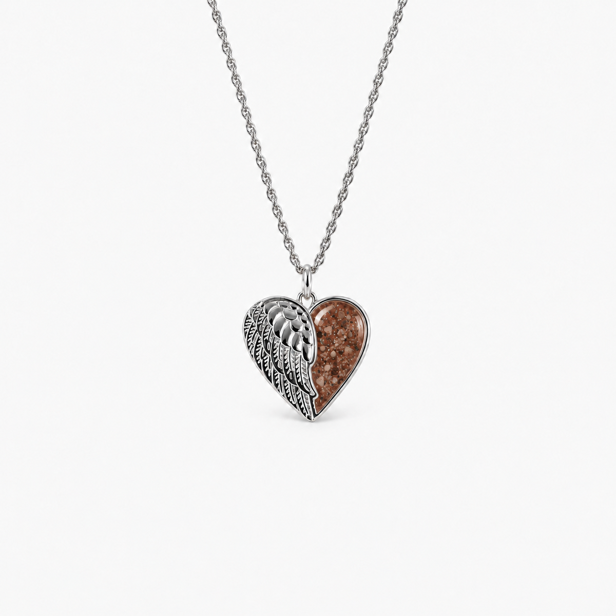 Angel Wing Heart Ashes Necklace — Copper, visible ashes