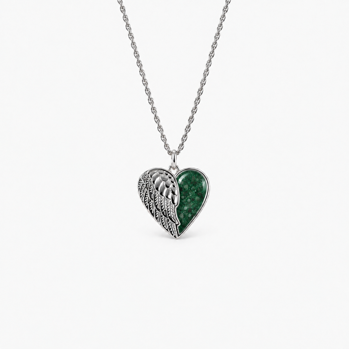 Angel Wing Heart Ashes Necklace — Emerald, visible ashes