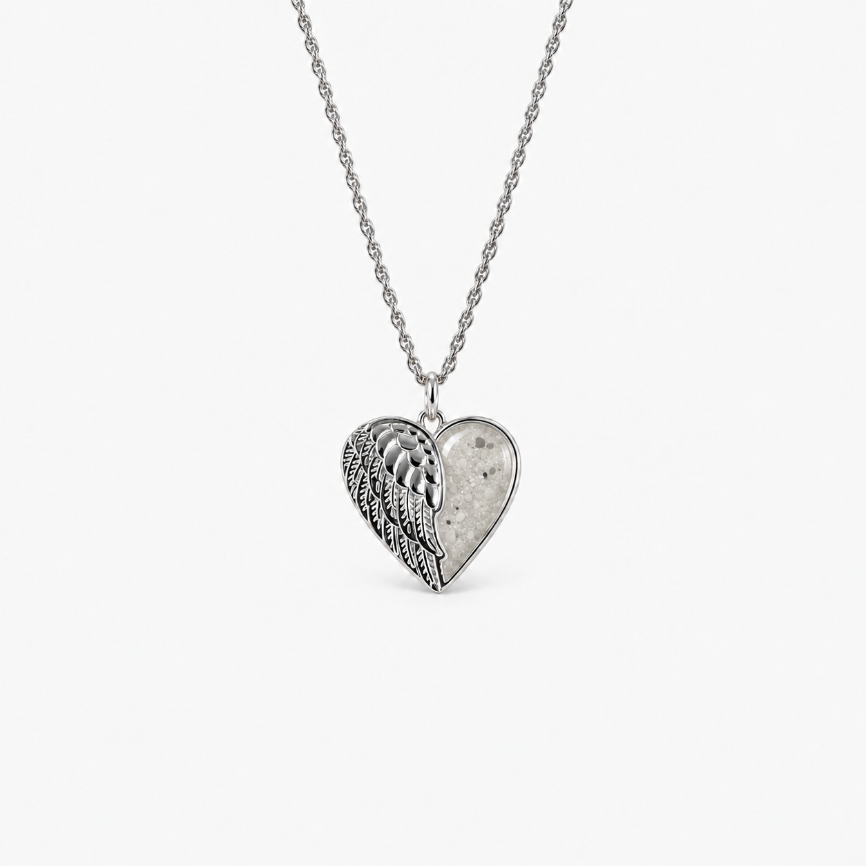 Angel Wing Heart Ashes Necklace — Pearl, visible ashes