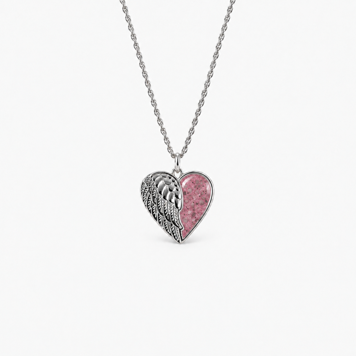 Angel Wing Heart Ashes Necklace — Pink, visible ashes