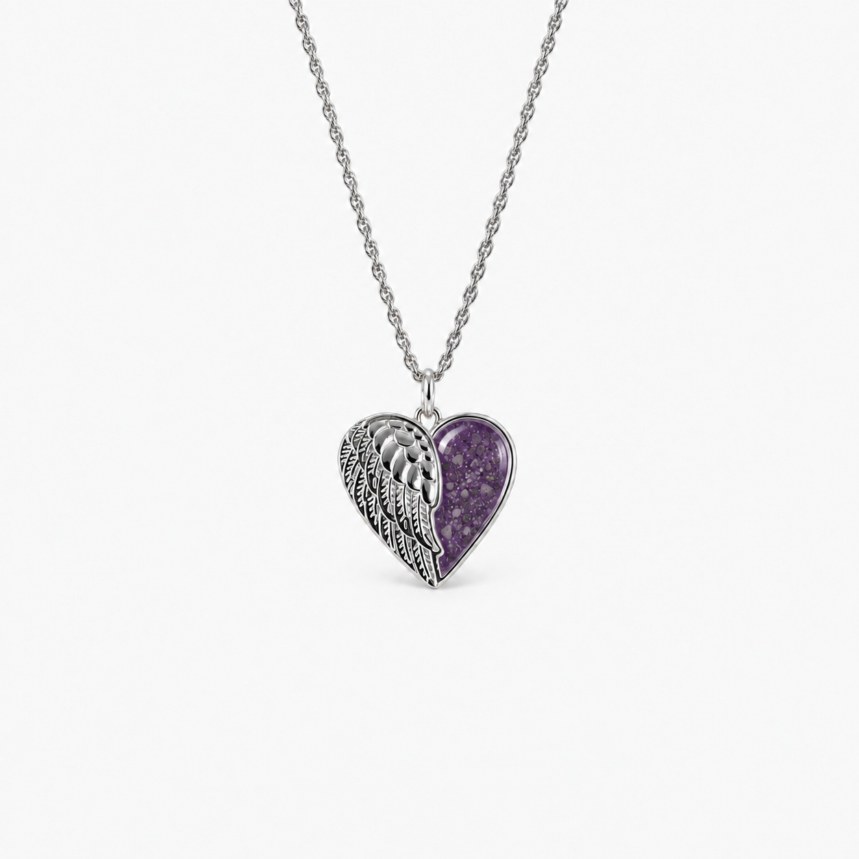 Angel Wing Heart Ashes Necklace — Purple, visible ashes