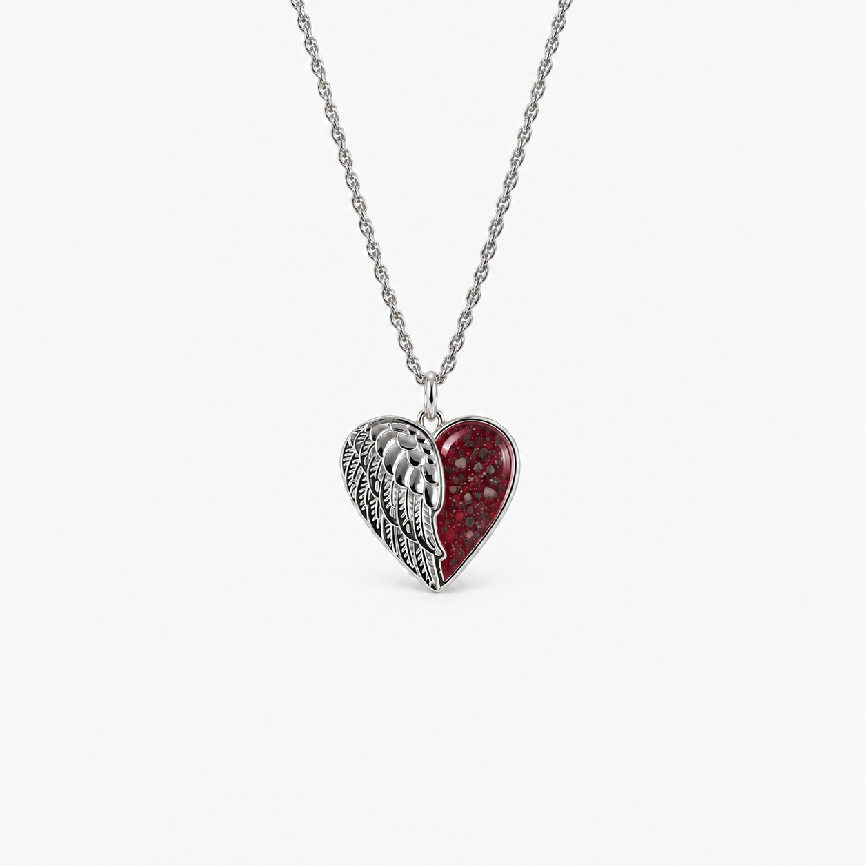 Angel Wing Heart Ashes Necklace — Ruby Red, visible ashes