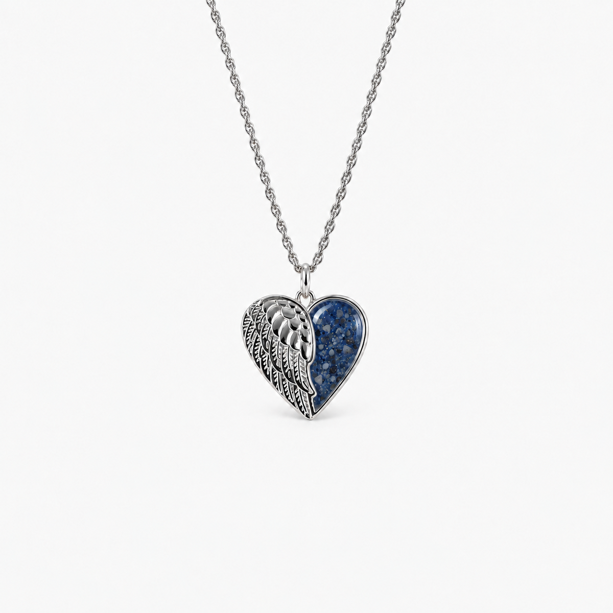 Angel Wing Heart Ashes Necklace — Sapphire, visible ashes