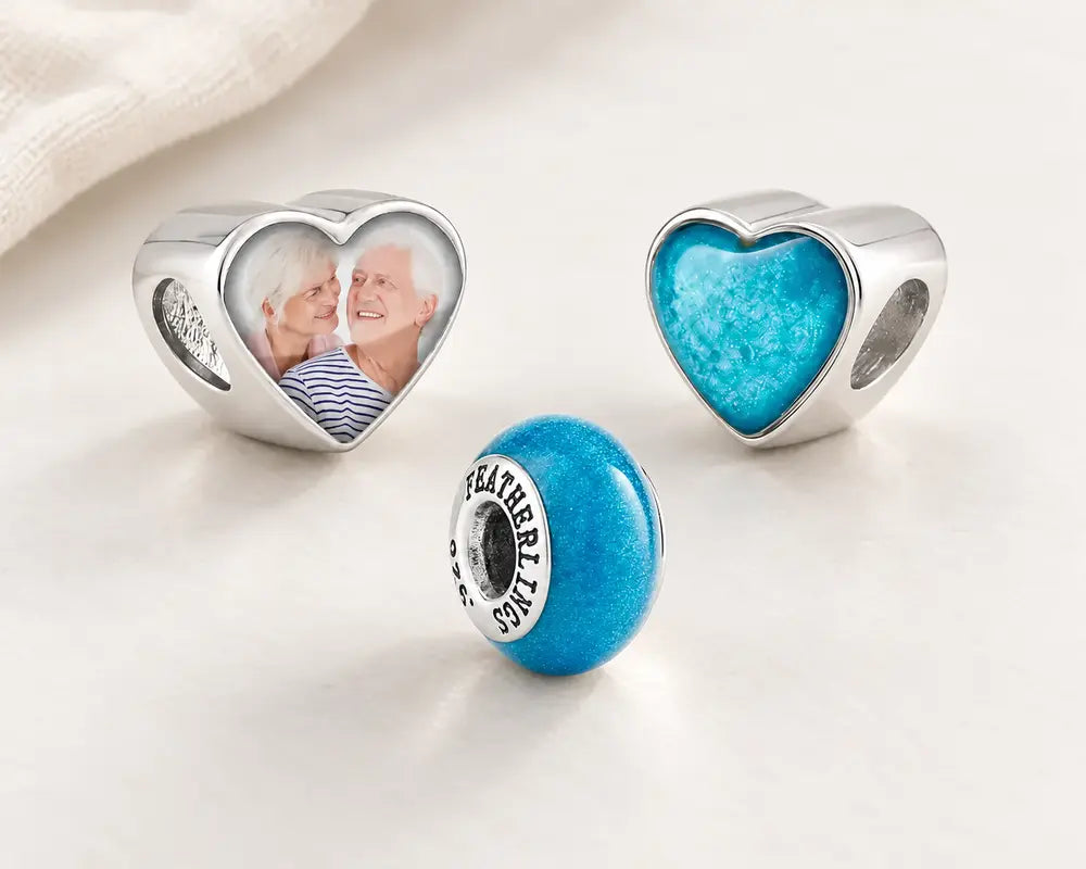 Heart photo charm, blue heart ashes charm and round ashes bead charm