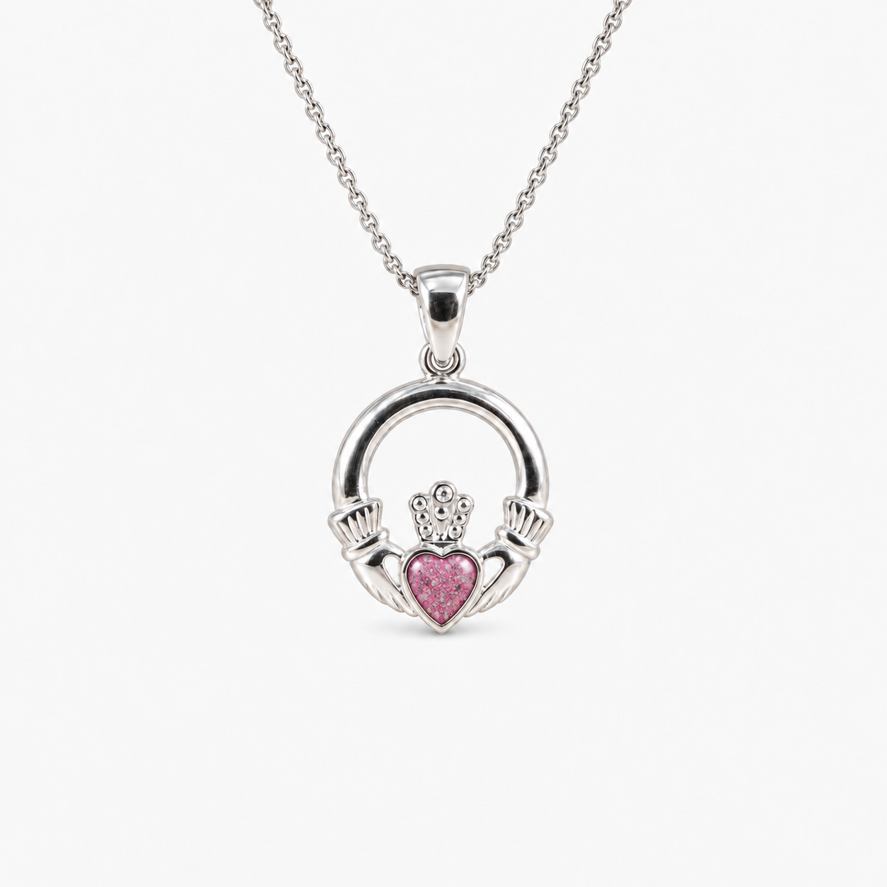 Claddagh Ashes Necklace in Pink with visible inclusions