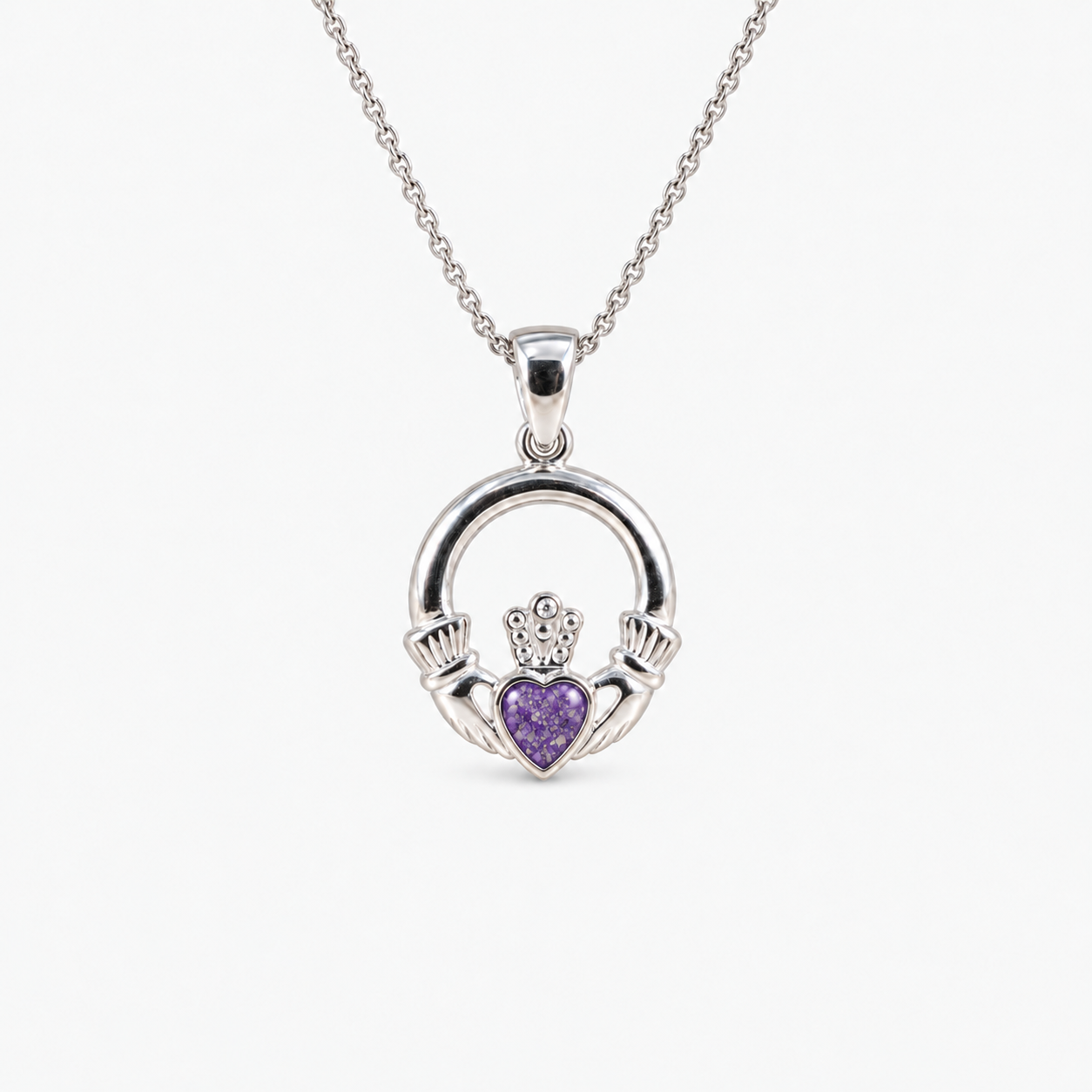 Claddagh Ashes Necklace in Purple with visible inclusions