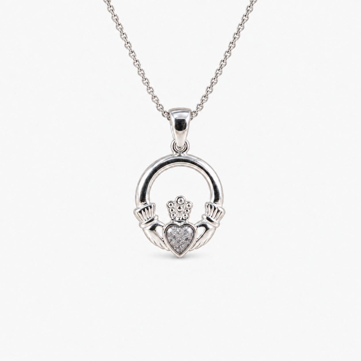 Claddagh Ashes Necklace in Silver with visible inclusions