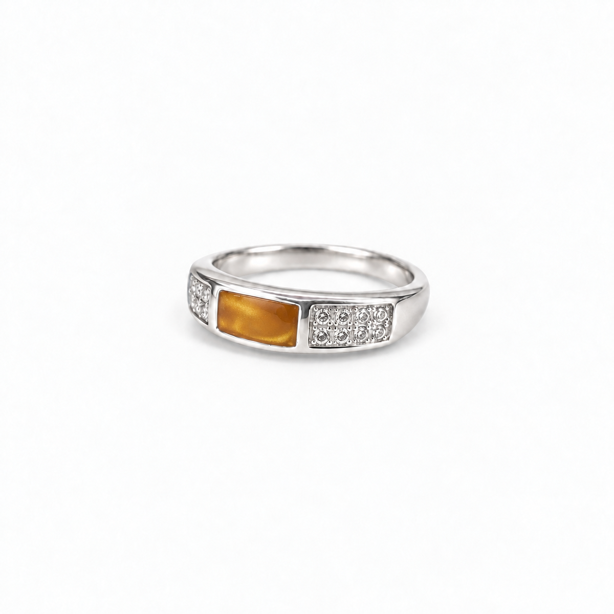 crystal channel silver ashes ring in Amber, hidden inclusions