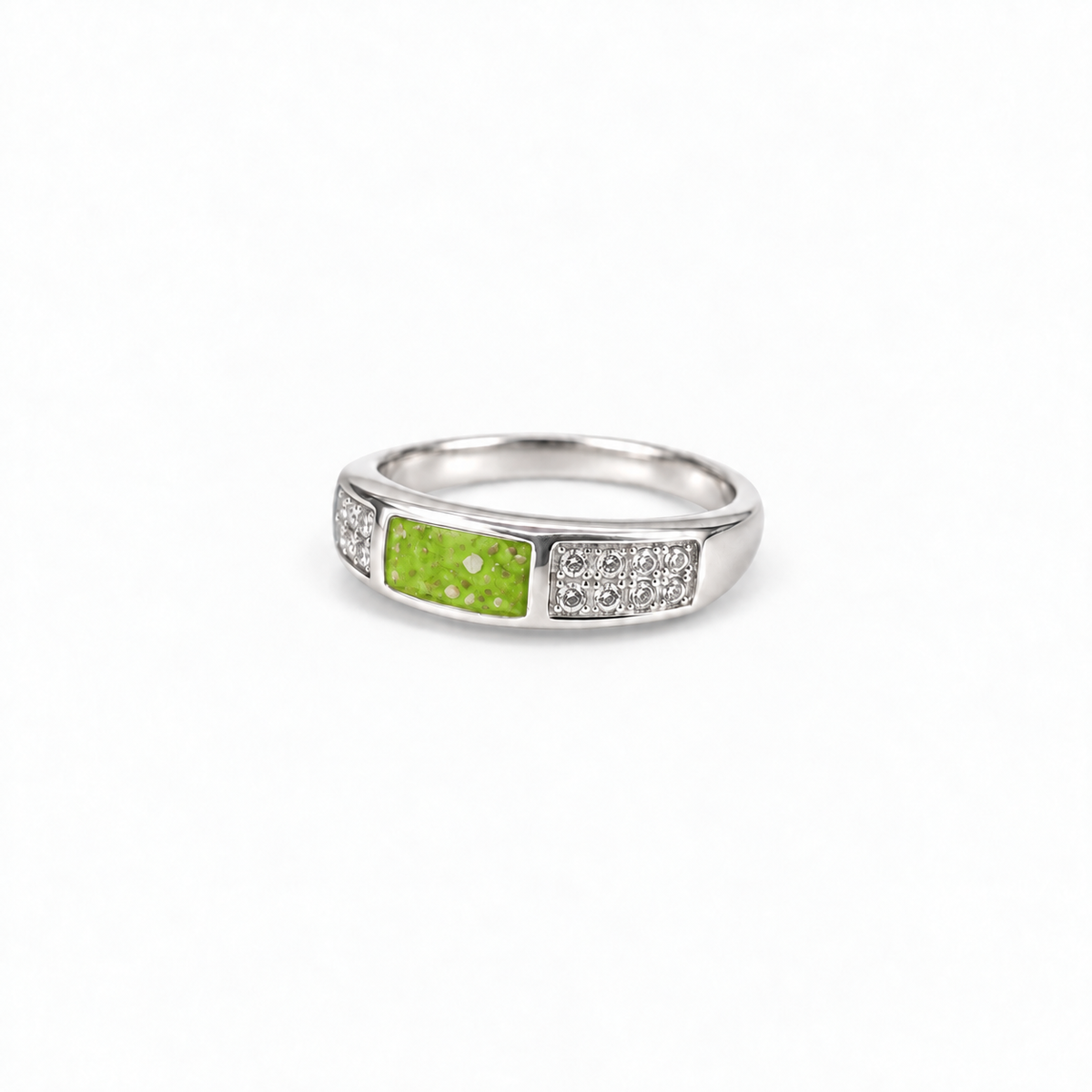 crystal channel silver ashes ring in Apple Green, visible inclusions