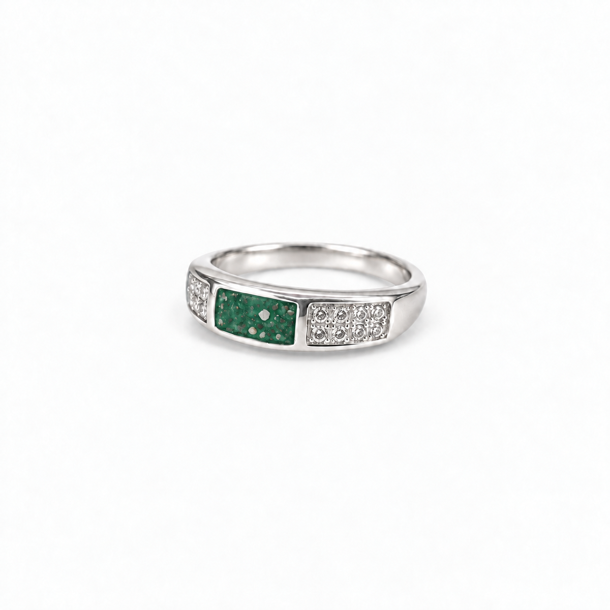 crystal channel silver ashes ring in Emerald, visible inclusions