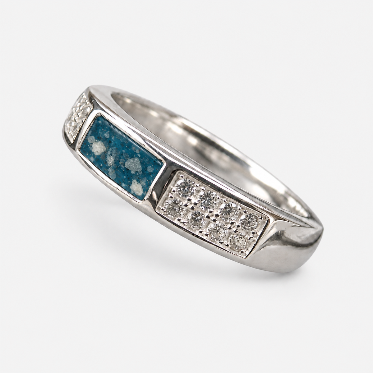 Crystal Channel Ashes Ring in Sky Blue, visible ashes