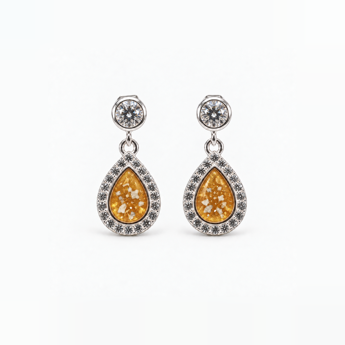 crystal halo teardrop ashes earrings — Amber, visible ashes