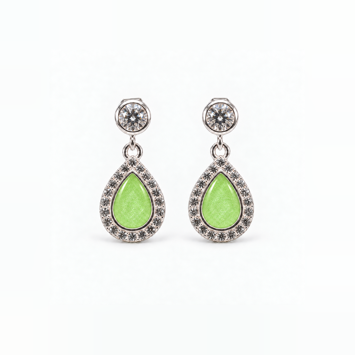 crystal halo teardrop ashes earrings — Apple Green, hidden ashes