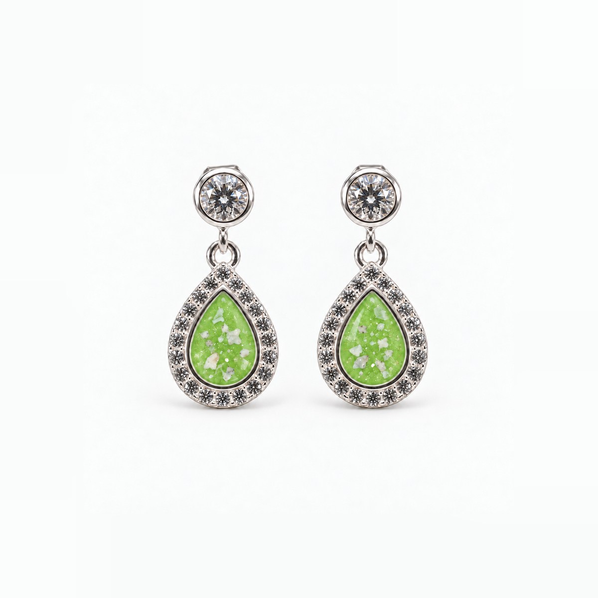 crystal halo teardrop ashes earrings — Apple Green, visible ashes