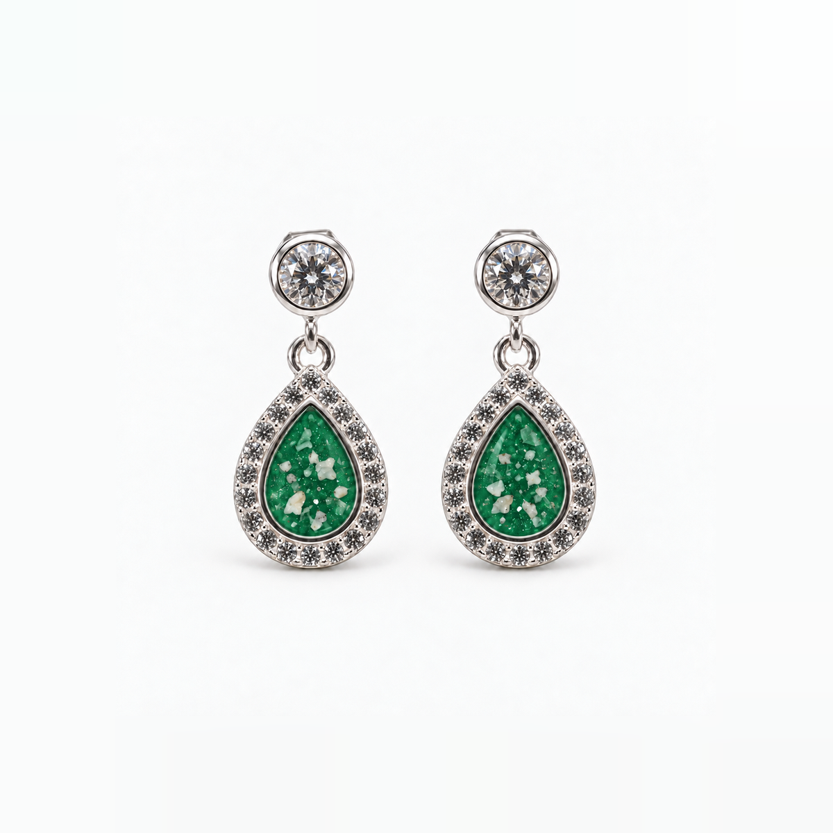 crystal halo teardrop ashes earrings — Emerald, visible ashes