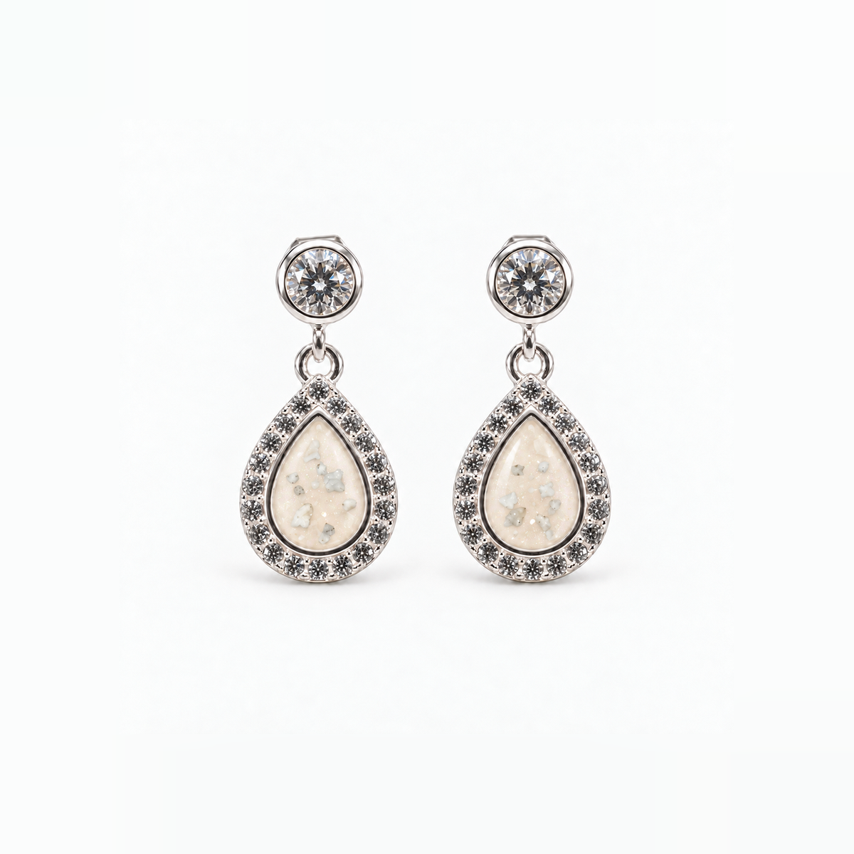 crystal halo teardrop ashes earrings — Pearl, visible ashes