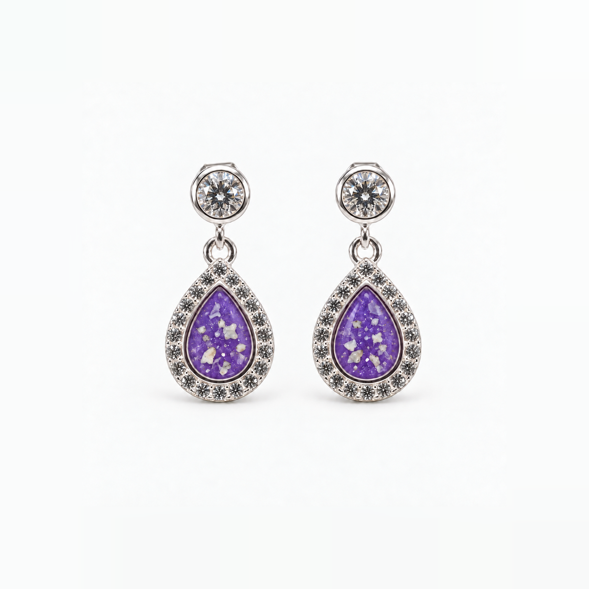 crystal halo teardrop ashes earrings — Purple, visible ashes