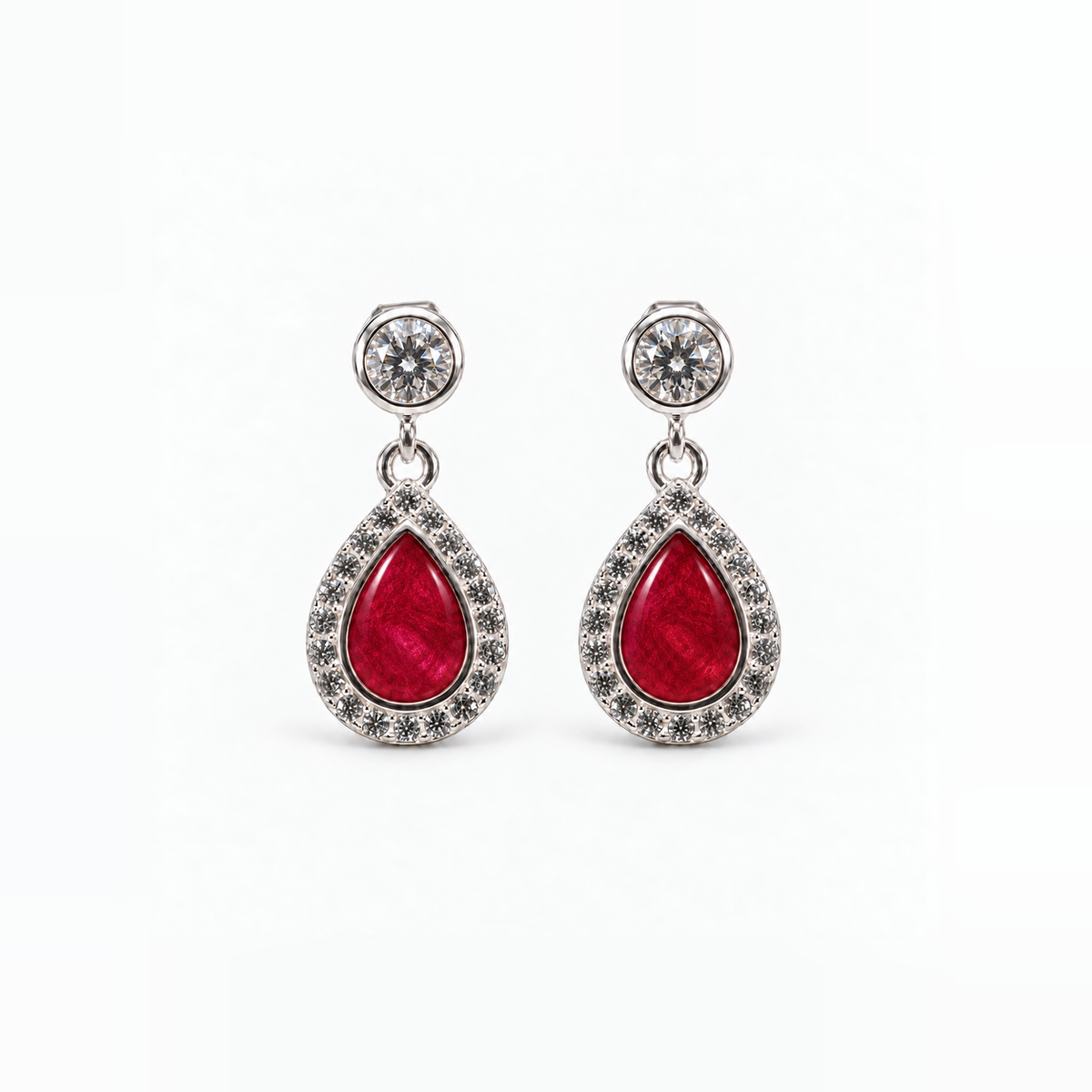 crystal halo teardrop ashes earrings — Ruby Red, hidden ashes