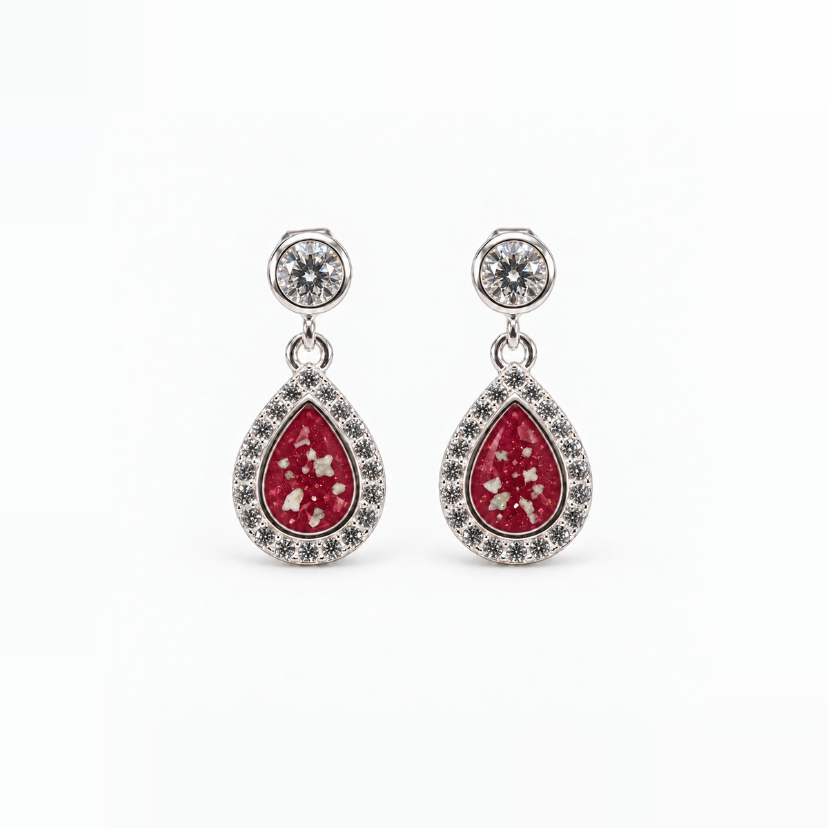 crystal halo teardrop ashes earrings — Ruby Red, visible ashes