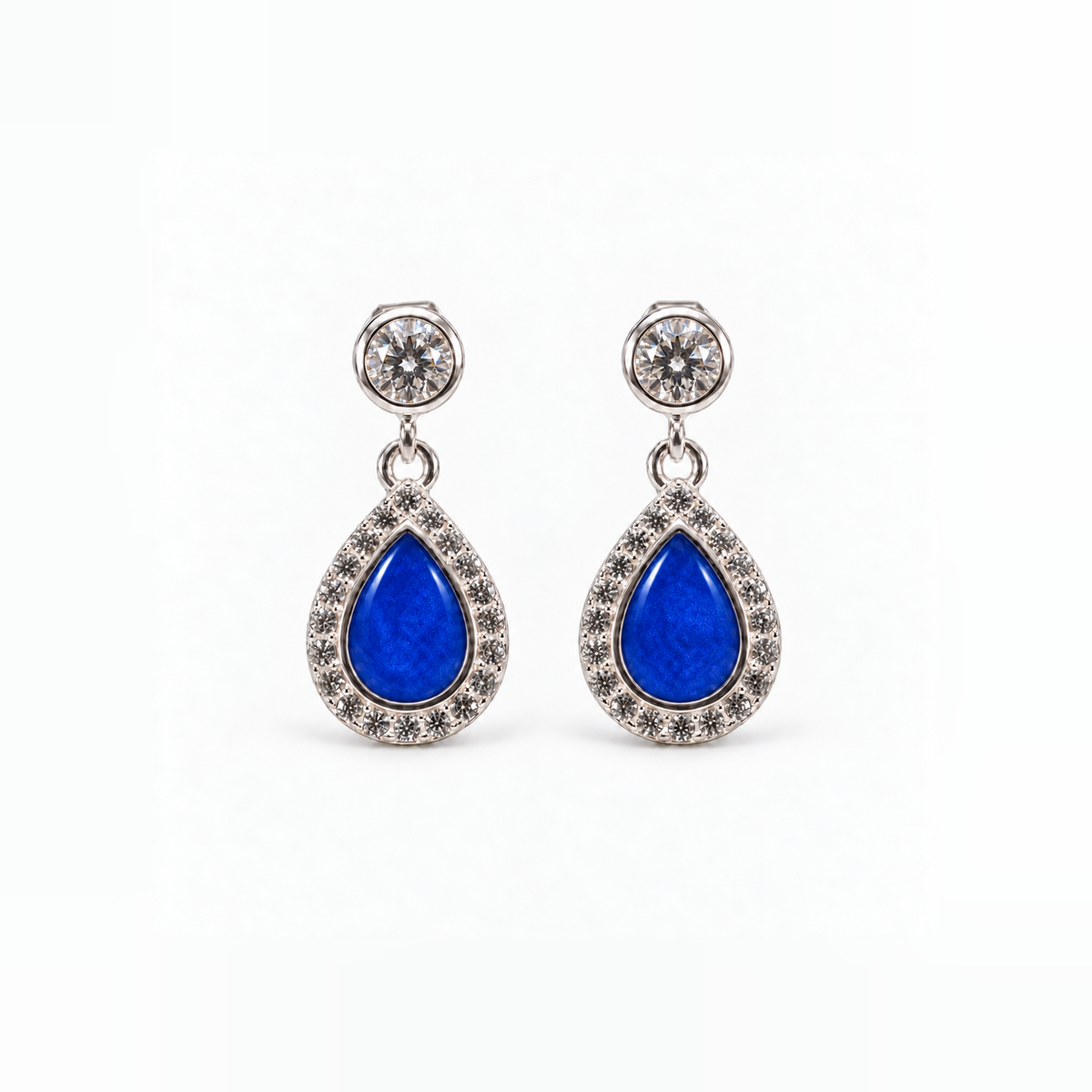 crystal halo teardrop ashes earrings — Sapphire, hidden ashes