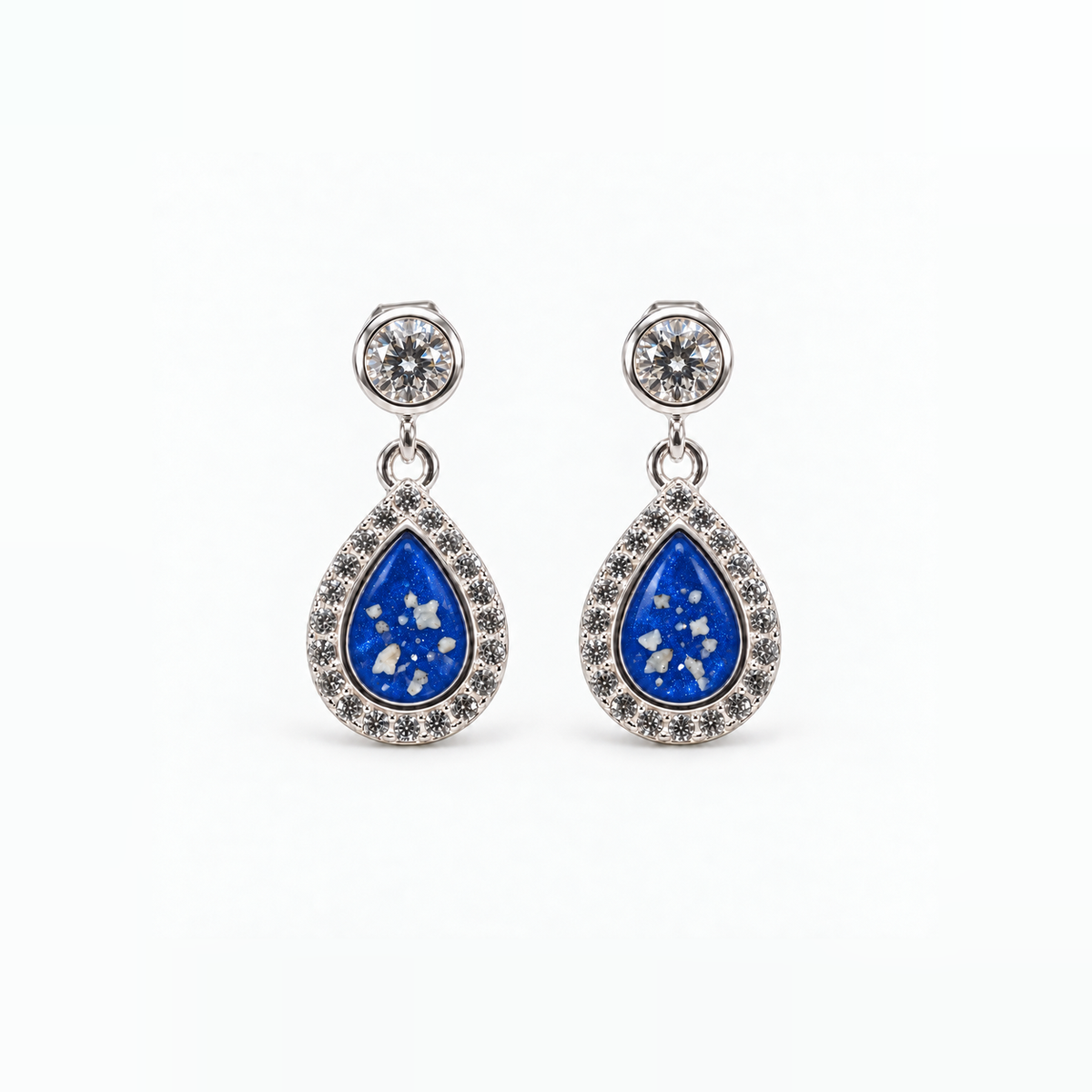 crystal halo teardrop ashes earrings — Sapphire, visible ashes