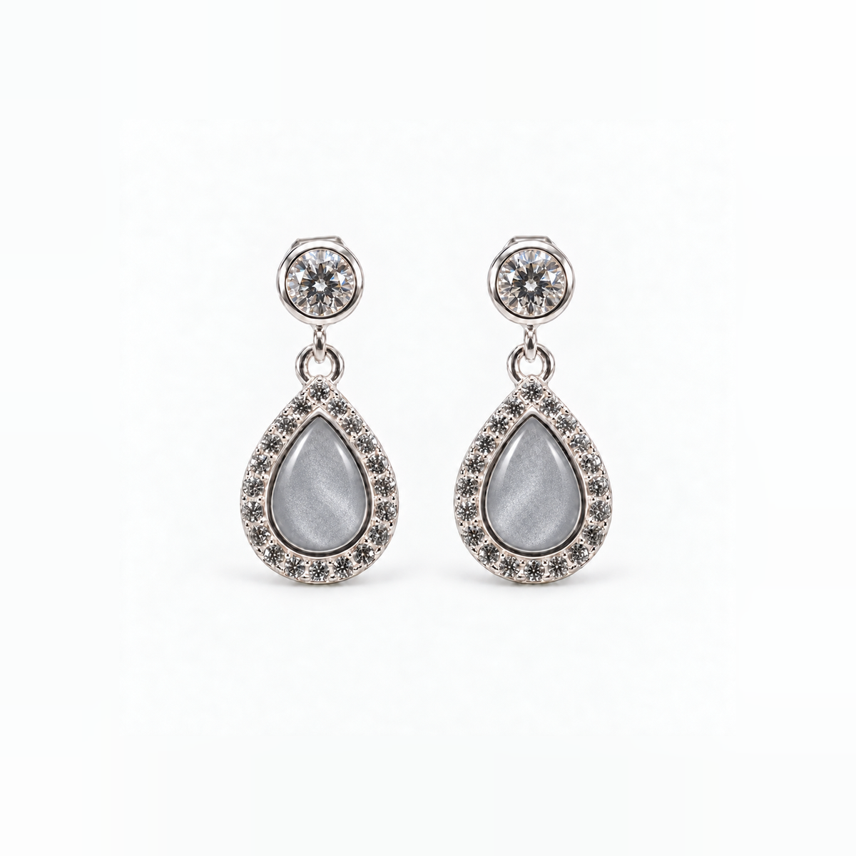 crystal halo teardrop ashes earrings — Silver, hidden ashes