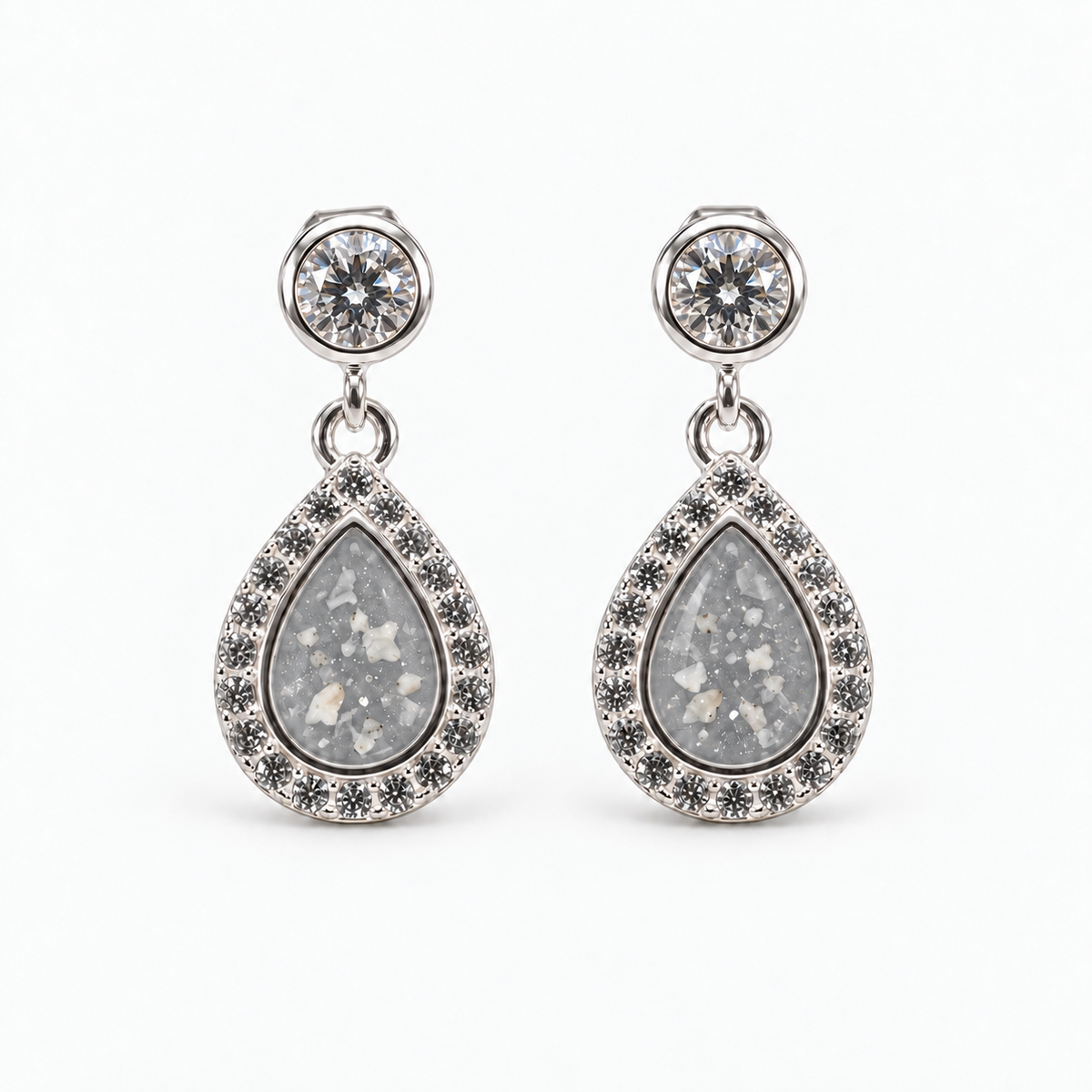 crystal halo teardrop ashes earrings — Silver, visible ashes