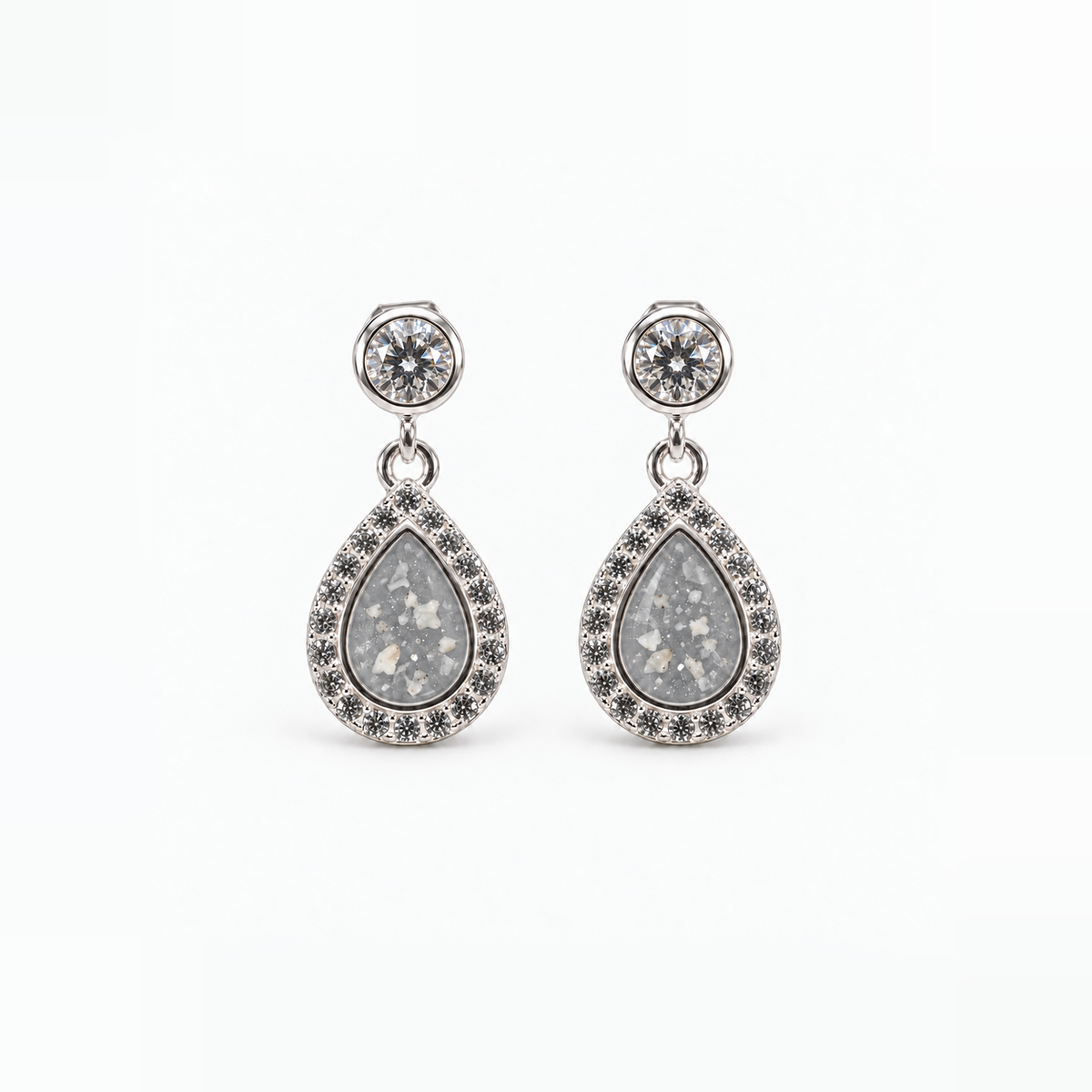 crystal halo teardrop ashes earrings — Silver, visible ashes