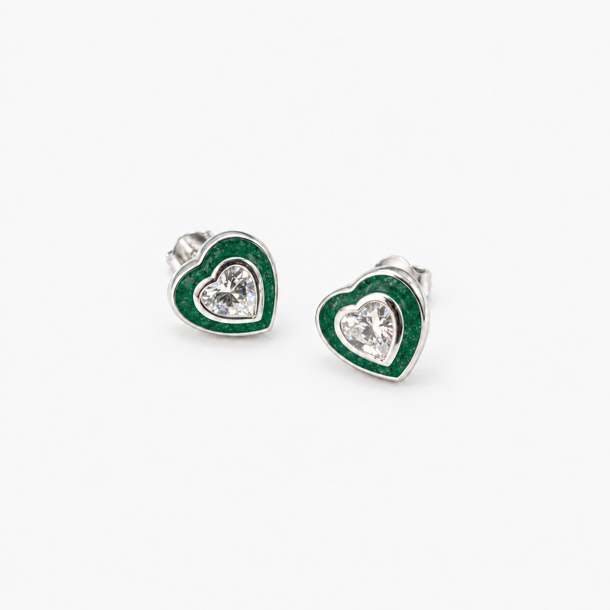 Crystal Heart Ashes Earrings — Emerald, visible ashes