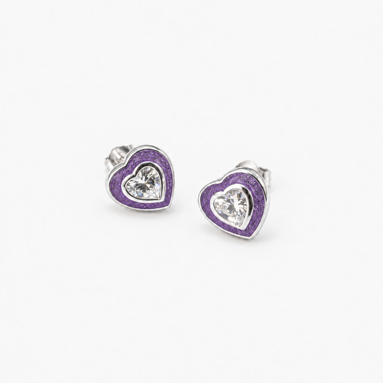 Crystal Heart Ashes Earrings — Purple, visible ashes