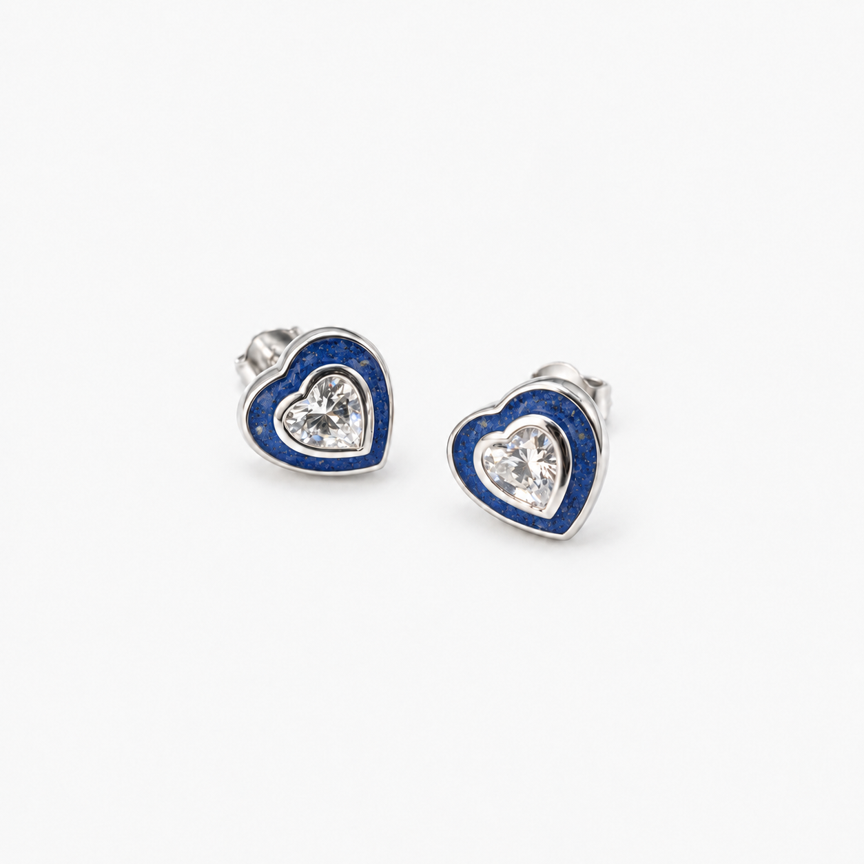 Crystal Heart Ashes Earrings — Sapphire, visible ashes