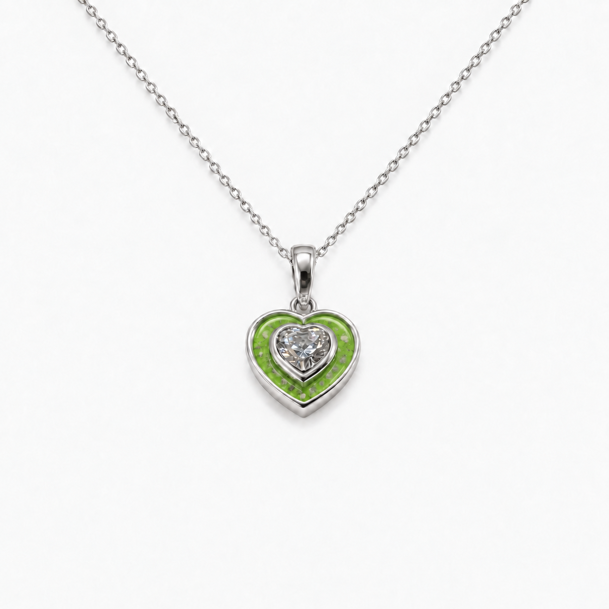 Crystal Heart Ashes Necklace — Apple Green, visible ashes