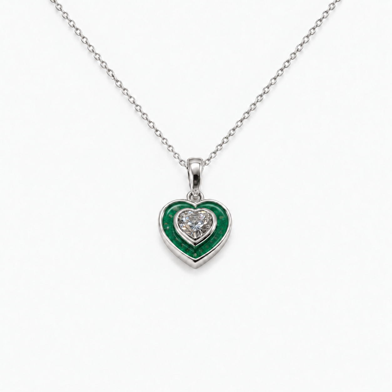 Crystal Heart Ashes Necklace — Emerald, visible ashes