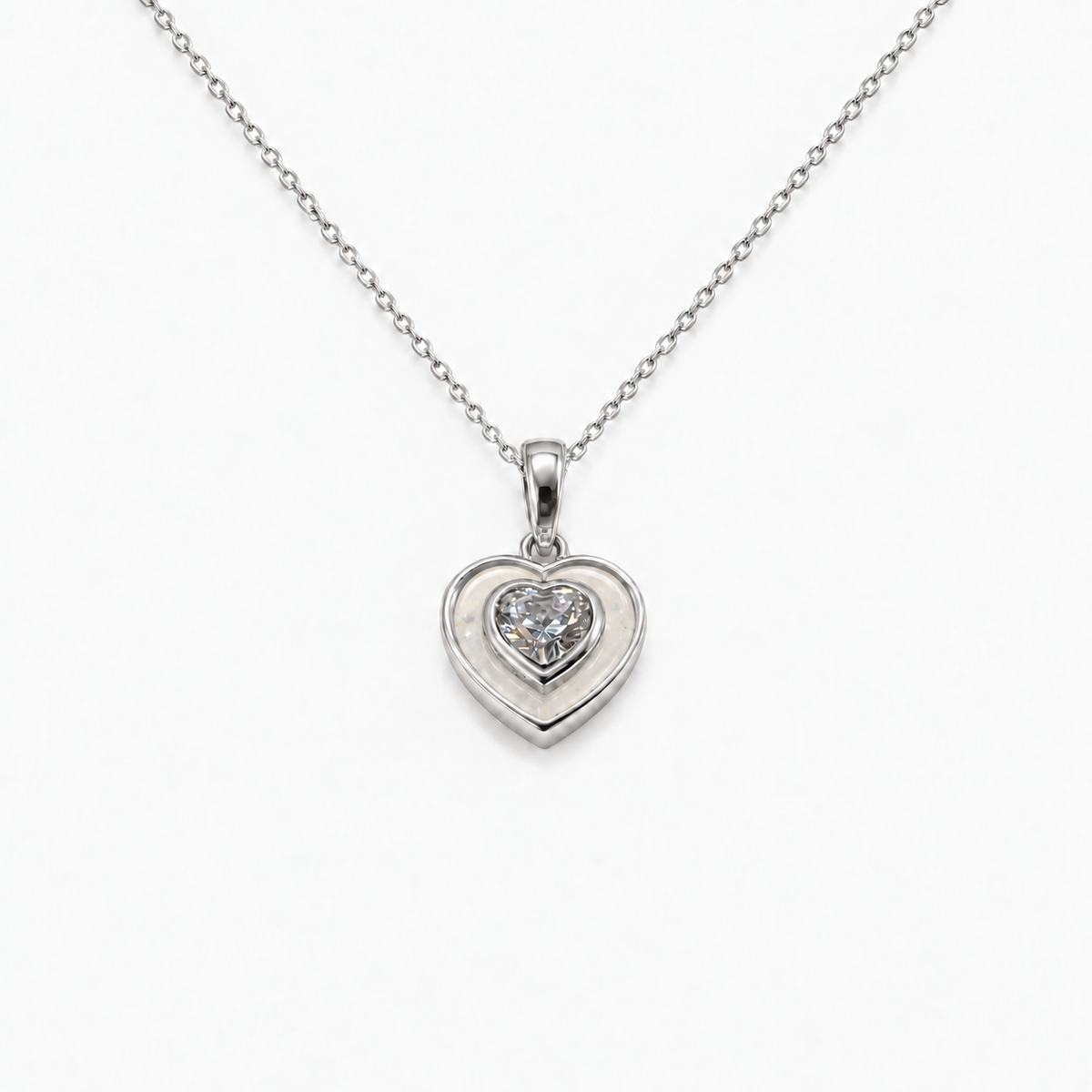Crystal Heart Ashes Necklace — Pearl, visible ashes