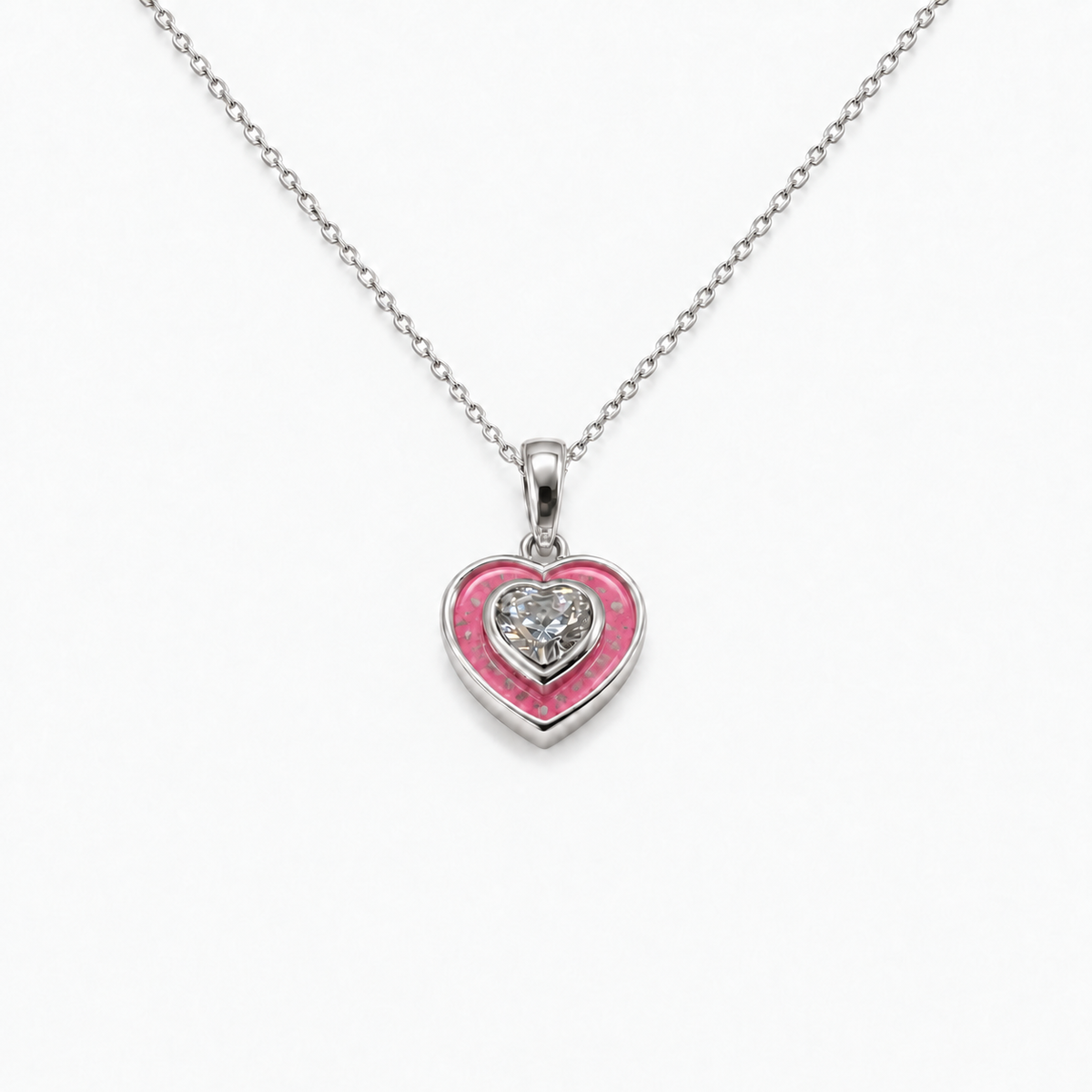 Crystal Heart Ashes Necklace — Pink, visible ashes