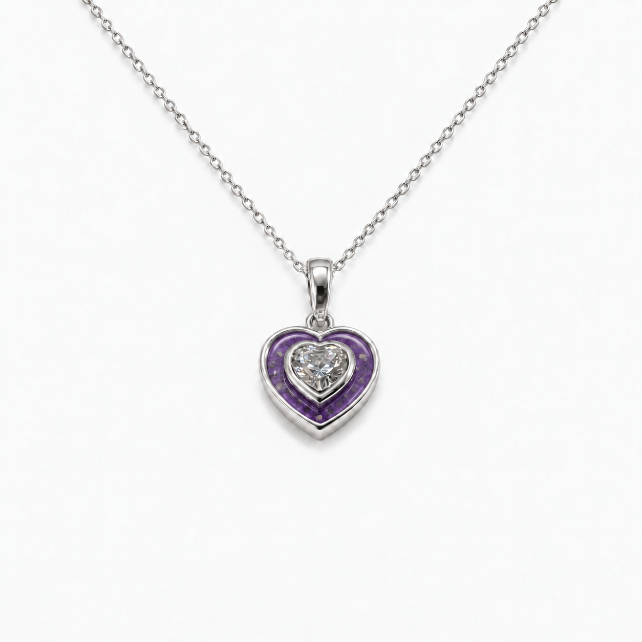 Crystal Heart Ashes Necklace — Purple, visible ashes