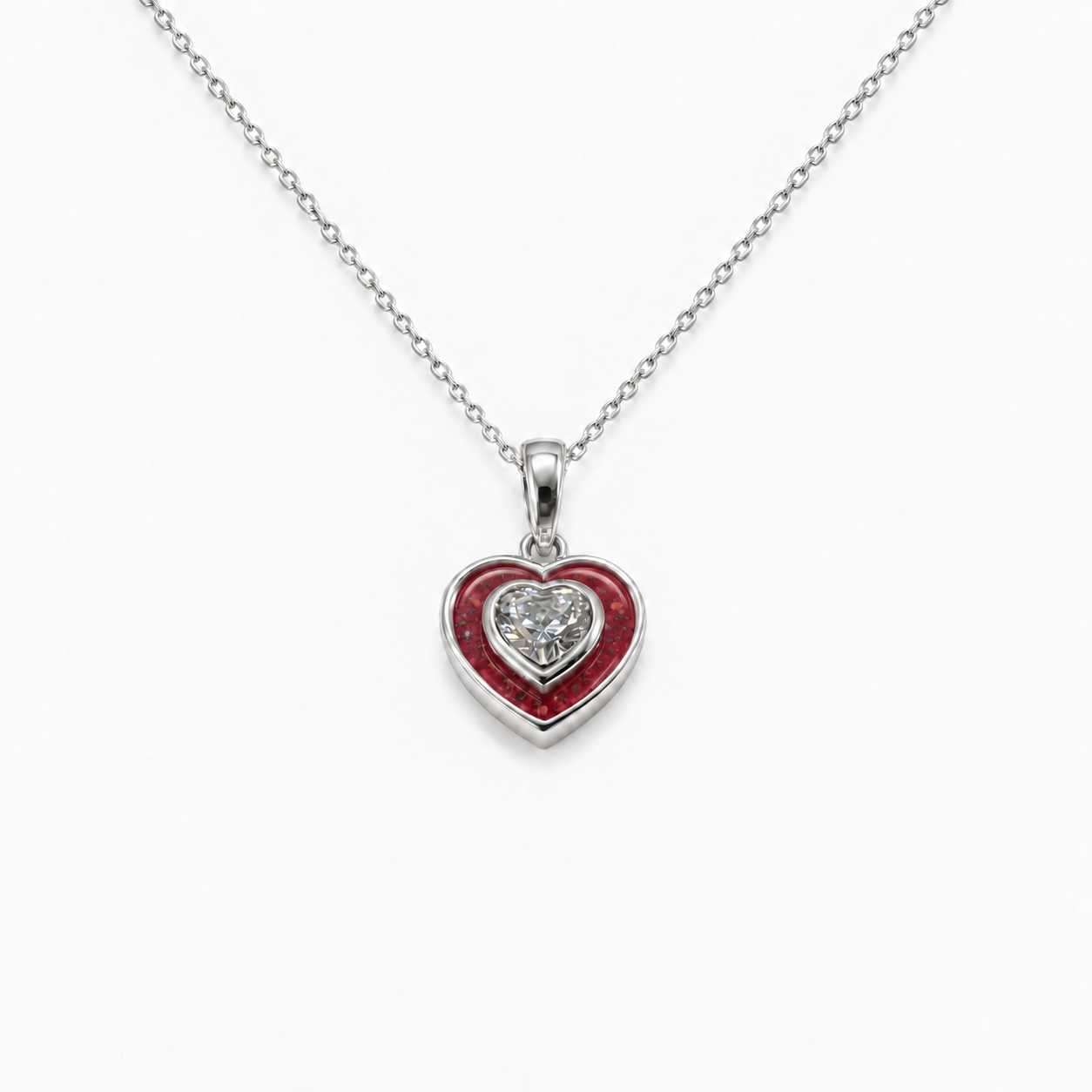 Crystal Heart Ashes Necklace — Ruby Red, visible ashes