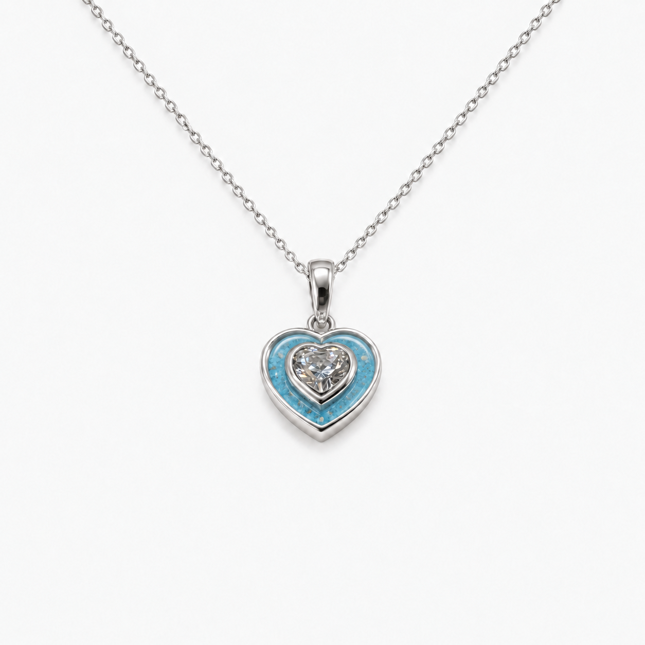 Crystal Heart Ashes Necklace in Sky Blue with visible inclusions