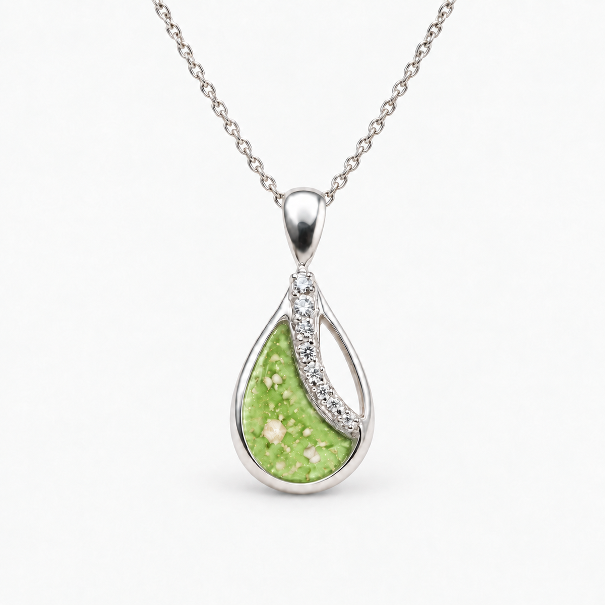 crystal sweep teardrop ashes necklace — Apple Green, visible ashes