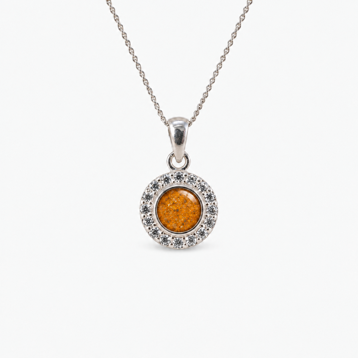 Dainty Halo Ashes Necklace in Amber with visible inclusions