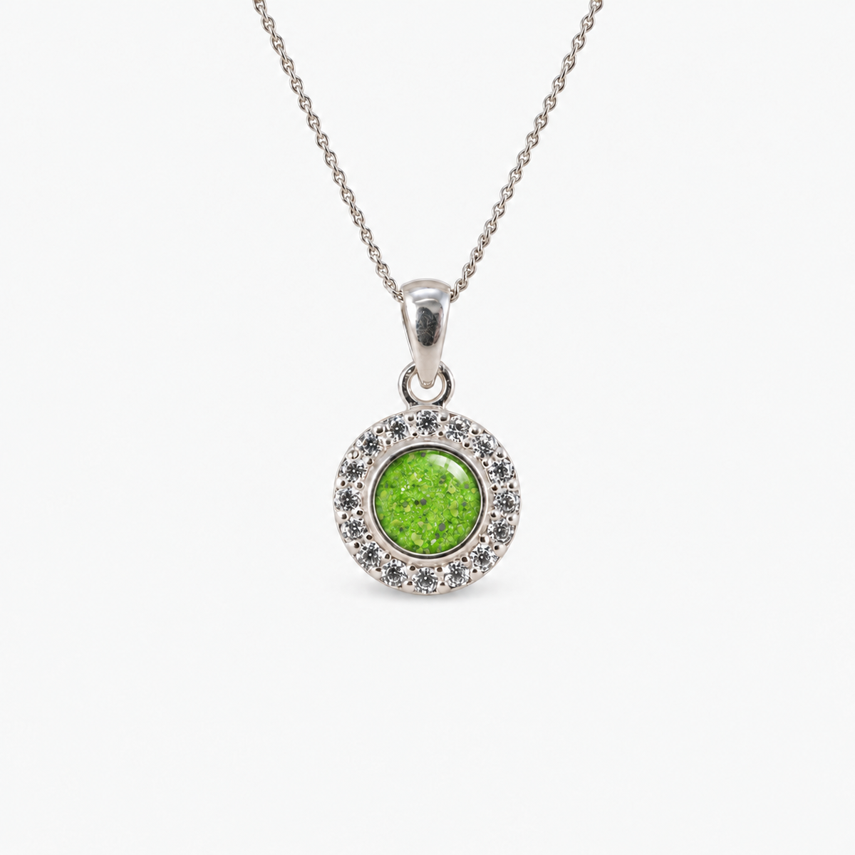 Dainty Halo Ashes Necklace in Apple Green with visible inclusions