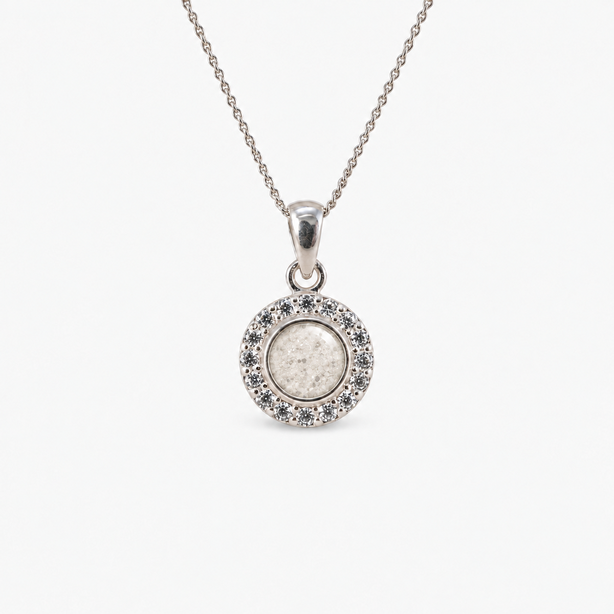 Dainty Halo Ashes Necklace in Pearl with visible inclusions