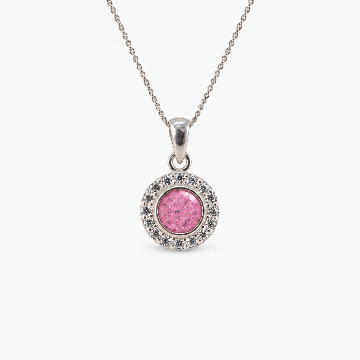 Dainty Halo Ashes Necklace in Pink with visible inclusions