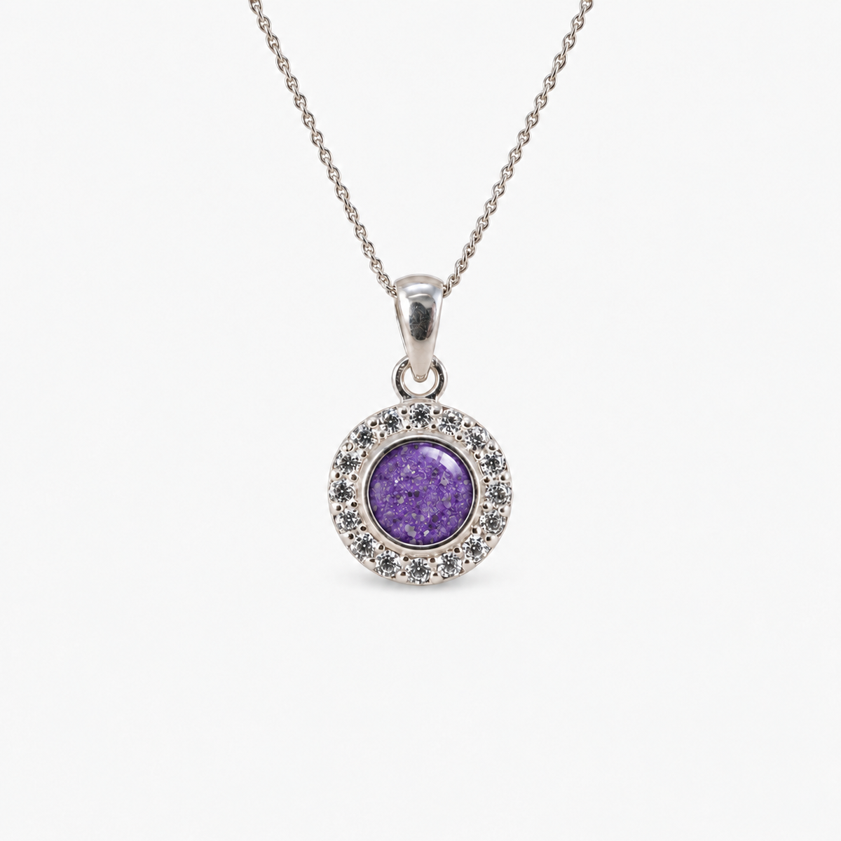 Dainty Halo Ashes Necklace in Purple with visible inclusions
