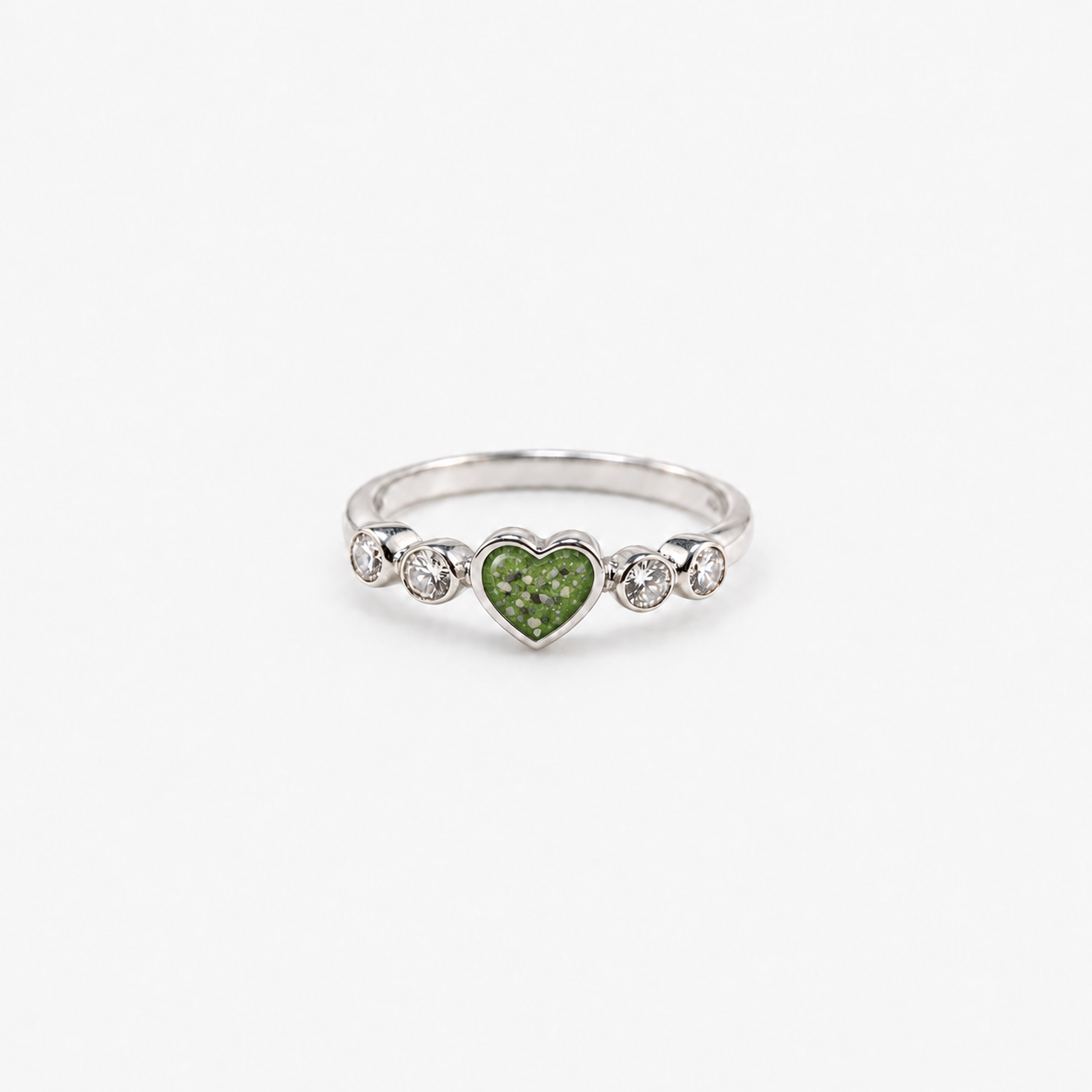 Dainty Heart Ashes Ring — Apple Green, visible ashes