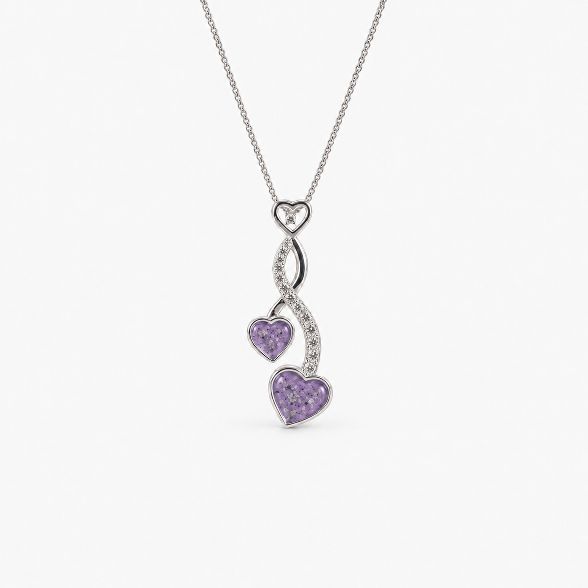Entwined Hearts Ashes Necklace — Purple, visible ashes