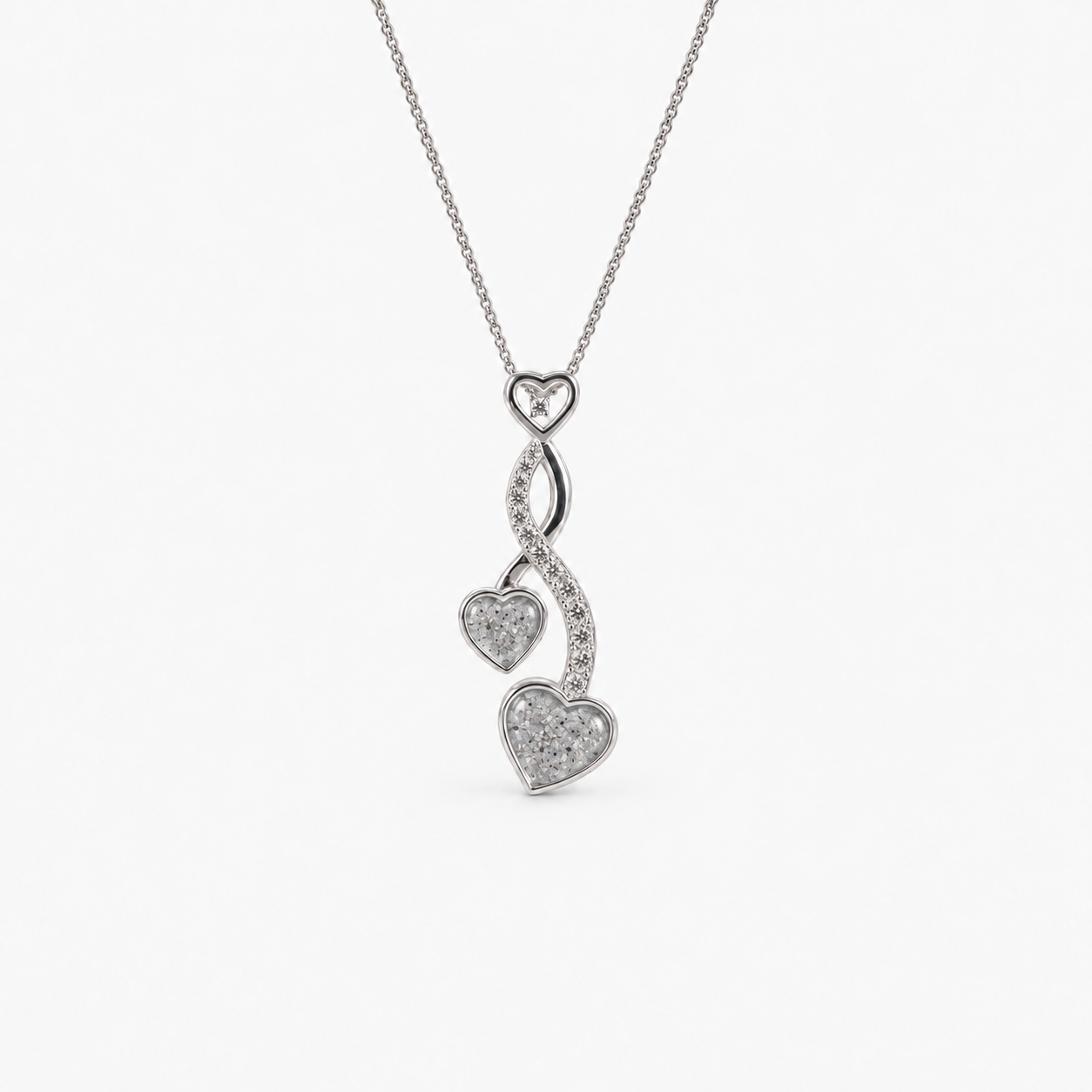 Entwined Hearts Ashes Necklace — Silver, visible ashes